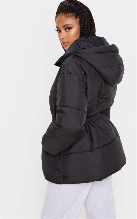 Belted Puffer Coat in Black 